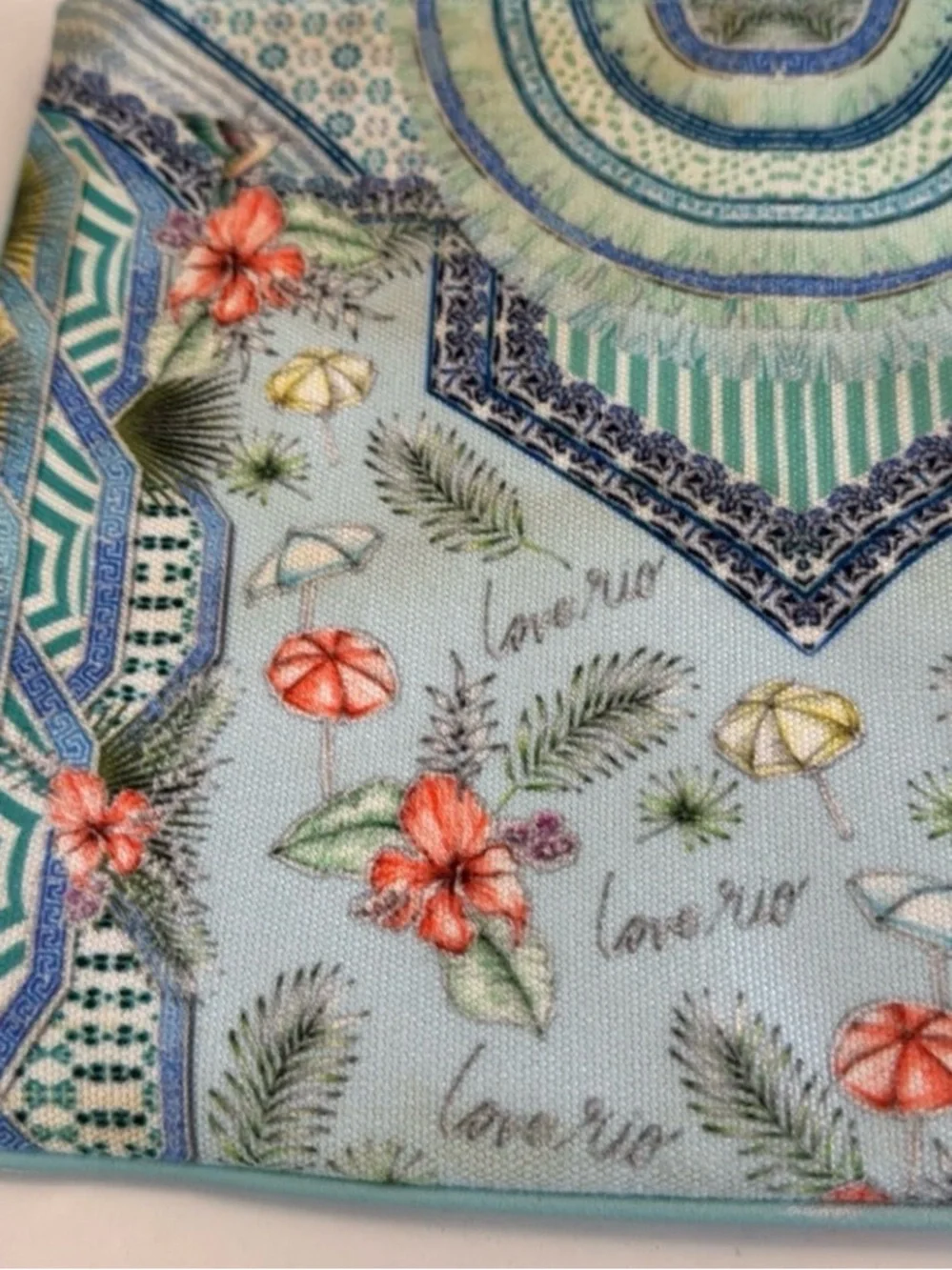 Camilla Shades of Rio Floral Blue-Green Canvas Tassel Clutch